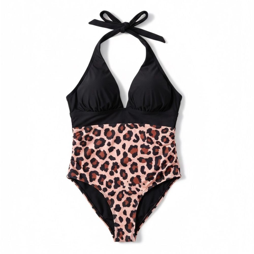 Leopard Print Colorblock Halter One Piece Swimsuit XL EUC Tummy Control Sexy - Picture 3 of 4